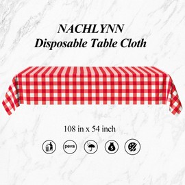 NACHLYNN Pack of 6 Disposable Tablecloths, 137 x 274 cm, Red White Checked Rectangular Table Cover, Waterproof Garden Tablecloth for Festivals, Party, Weddings, Bridal Showers, Birthday Decorations