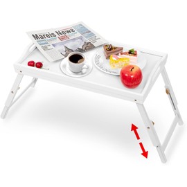 Mayyol Large Breakfast Bed Tray for Eating - Height Adjustable Raised Food Table - Bamboo Serving Tray on Lap Sofa - Portable Snack Platter with Folding Legs Ideal for Bedroom Picnic - White
