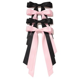 XFYUZR 4Pcs Hair Bows Hair Accessories - Silky Satin Black and Pink Ribbon Bowknot Barrette with Alligator Metal Clip Tassel Bows Hair Clip for Women & Girls