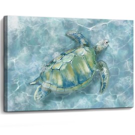 YJYart Bathroom Wall Decor Canvas Wall Art for Bedroom Sea Turtle Pictures Blue Coastal Room Decorations Artwork Green Turtle Wall Decorations 16” x 24”