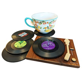 Retro Vinyl Record Funny Pun Title Coaster Set with wood Turntable holder FREE SHIPPING