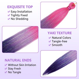 Ombre Hot Pink Purple Lavender Braiding Hair with Tinsel 30 Inch Pre Stretched Braiding Hair 2 Packs Pre Feathered Hair Extensions Kanekalon Braids Hair Easy to Use