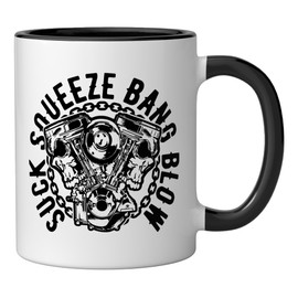 Suck Squeeze Bang Blow Motorcycle V-twin Engine Skull Design Ceramic Mug, Black/White