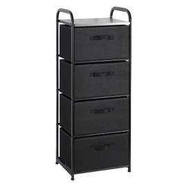 MAX Houser 4 Drawer Fabric Dresser Tall Storage Tower, Dresser Chest with Wood Top, Vertical Nightstand Side Organizer Unit with Metal Frame for Closets Bedroom Nursery Room Hallway(Black)