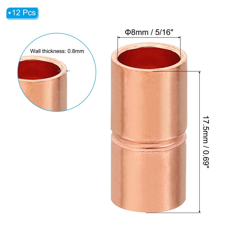 PATIKIL Copper Fittings 8mm Inner Diameter Copper Coupling Fittings 12pcs
