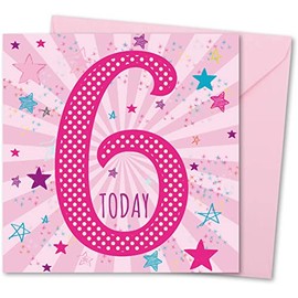 Birthday Card for Girl Age 6. Girl Birthday Card with Matching Envelope. Pink Star Burst design. Card size 148x148mm. Eco-friendly. Message inside. Printed and Packed in UK.