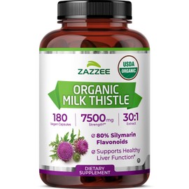 Zazzee USDA Organic Milk Thistle 30:1 Extract, 80% Silymarin, 180 Vegan Capsules, 6 Month Supply, Certified Kosher, High Potency Liver & Antioxidant Support, Silybum Marianum, Non-GMO, Made in the USA