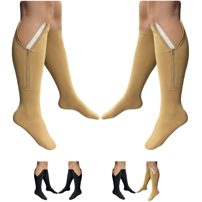 HealthyNees 2 Pairs Set Closed Toe 20-30 mmHg Zipper Compression Fatigue Swelling Circulation Knee Length Socks, Multi (L/XL - 2 Pairs Beige)