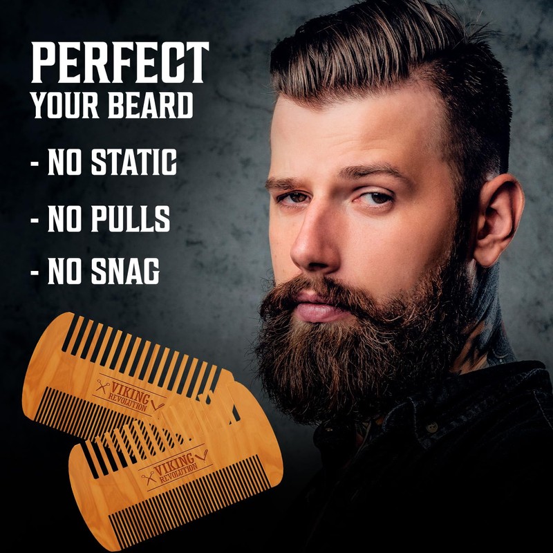 Viking Revolution Wooden Beard Comb & Case, Dual Action Fine