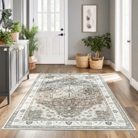 ANSSO 2×3 Washable Area Rugs, Foldable Faux Wool Low Pile Boho Vintage Entryway Rug with Non Slip Backing for Doormat, Indoor Front Entrance Kitchen, Bathroom SandyGray