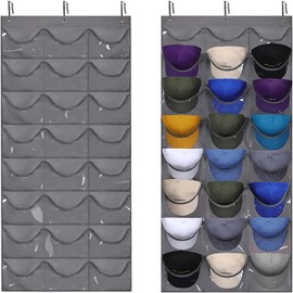 Baseball Hat Rack, 24 Pocket Over The Door Cap Organizer with Clear Deep Pockets to Display Baseball Caps Collection, Complete with 3 Over Door Hooks (Dark Grey)