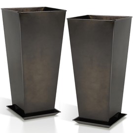 Worth Garden 25" Large Metal Glazed Planter Set of 2, Luxurious Glossy Finish Black Tall Square Tapered Steel Plant Pots, Decor Flower Pot Indoor & Outdoor, Drainage Hole & Dual-Purpose Plant Saucer