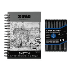 Jerry's Artarama Drawing Kit - SoHo Sketch Pad (5.5" x 8.5"), 8 Fineliner Art Pens, Perfect for Drawing Markers - Portable Sketching Pens Set for Artists, Students, Perfect for Field and Travel