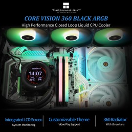 Thermalrlght CORE Vision 360 Black ARGB CPU Water Cooler,3 PWM Fans Water Cooling System with 2000PRM,for AM4/AM5&Intel LGA1851/1700, Magnetic Detachable LCD Screen with 480 * 480 Resolution