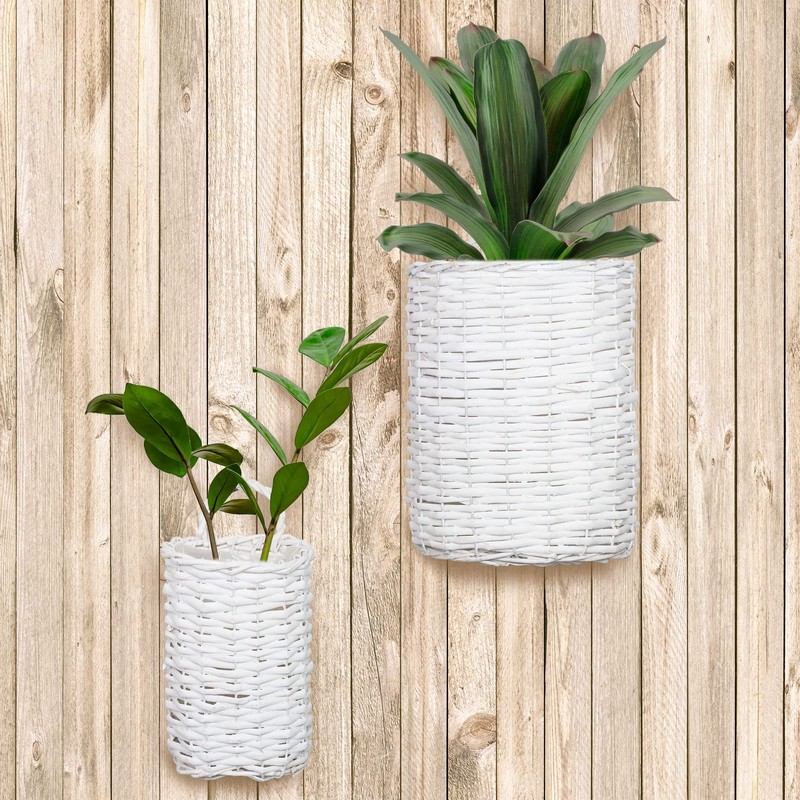 AuldHome Design Wall Hanging Baskets (White, Set of 2); Woven