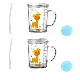 Toyvian 2 Sets Glass Tumbler Milk Cup Straw Mug Cartoon Giraffe Water Drinking Cup with Lid Handle and Scale with Coaster for Child 400ml