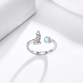 DAYLINLOVE Wolf Ring S925 Sterling Silver Adjustable Moonstone Open Ring Howling Wolf Thumb Ring Animal Jewelry Gifts for Women Girls Wolves Lover