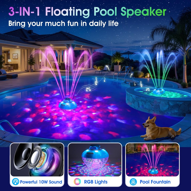 Blufree Bluetooth Pool Speaker w/Colorful Pool Fountain Light, 3 in