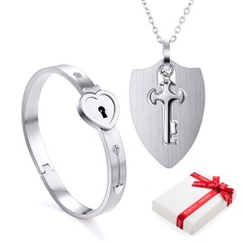 2 Piece Bangle with Lock Pendant Chain Key Set for Couples, Silver Stainless Steel Heart Lock Bracelet Bracelets Women Men Necklace Chains for Couple Partner Friendship BFF Gift, Stainless Steel