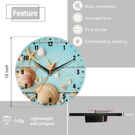 SPUNKER Wall Clocks,Seashell Starfish Wall Clock Battery Operated 10 Inch,Blue Wooden Round Clock Silent Non-Ticking Wall Decor for Farmhouse Office Home School Living Room Bedroom