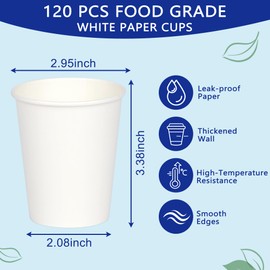 qonimi Coffee Cups, 120 Pack 8 Oz Paper Cups, Disposable Coffee Cups, White Paper Hot Cups Cold Beverage Cup Disposable Cups for Juice Water Tea, Home Office Party Travel