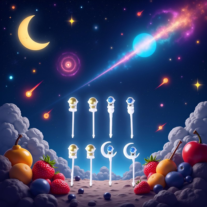 8pcs Blue and Gold Astronaut Fruit Fork for Kids, Fun
