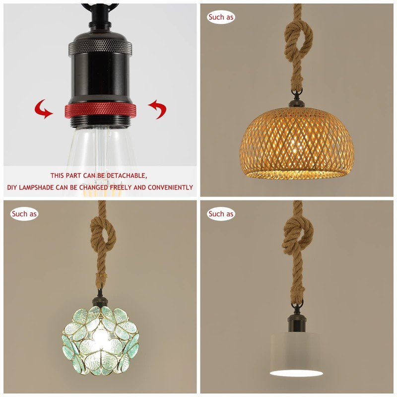 COOBATG Industrial Hemp Rope Chandelier;Single Head Farmhouse Pendant Lights E26