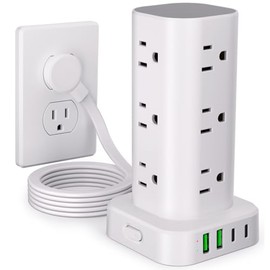 Torre de tira de alimentacin con mltiples tomas, protector de sobretensin de enchufe plano, cable de extensin con 12 salidas de CA, 4 puertos USB (2  