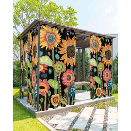 Outdoor Curtains Waterproof for Patio, Mexican Black Geometric Abstract Flower Pattern Grommet Top Vertical Drapes, Indoor/Outdoor Privacy Curtains for Porch Balcony Garden Cabana Decor 54"x84"x2