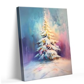 Christmas Canvas Wall Art Decor - 8X10 inch Abstract Snowy Christmas Tree with Colorful Lights, Modern Holiday Home Decor for Living Room, Bedroom or Office, Seasonal Artwork, Made in the USA