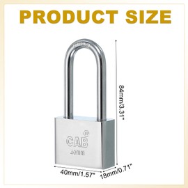 PATIKIL Keyed Padlock 40mm (1-9/16"), Keyed Different Locks Stainless Steel Pin Tumbler Padlocks Long Shackle with Keys for Indoor Outdoor Doors, Silver