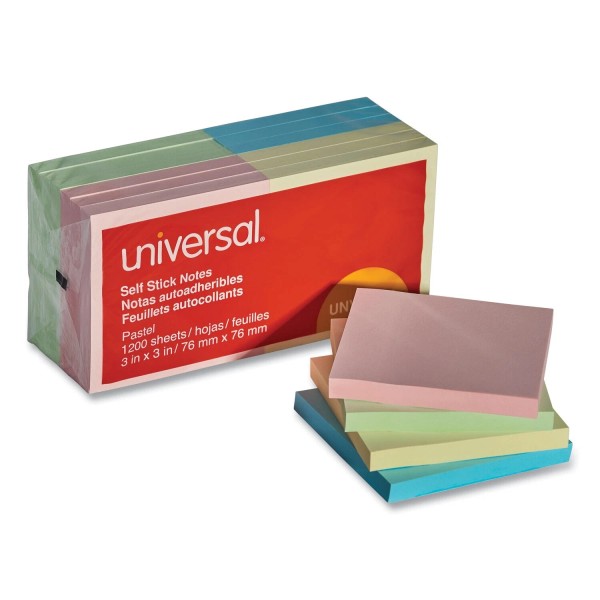 universal one Self-Stick Notes, 3 x 3, Pastel 12- 100-Sheet