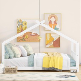 Full House Beds Wood Montessori Bed Frame Floor Bed Kids Platform Bed with Headboard & Footboard, No Box Spring Needed (White)