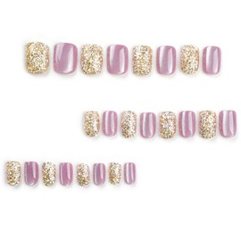 BAOYAALIN Cat Eye Press on Nails Short Square Fake Glue on Nails with Glitter Design for Women Girls Full Cover Artificial Acrylic Cat Eye False Stick on Nail for Daily Wear Wedding 24Pcs