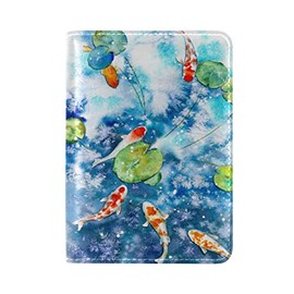 Watercolor Japanese Fishes Green Leaves Blue Pond Genuine Leather Travel Passport Covers, Microfiber Leather Travel Wallet Holder Case Protector for Women and Men