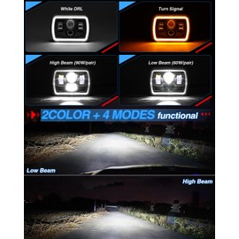 BraveWAY 7x6 Led Headlights Square Lights 5x7 Inch High/Low Beam Amber White DRL - Sealed Beam Rectangular Headlight Led Compatible with Wrangler YJ Cherokee XJ Replacement H6054 2PCs