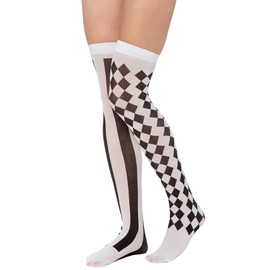 Lastclream Women Costume Thigh High Silk Stockings for Girls 80D Semi Opaque Over Knee Socks Cosplay Knee High Hosiery (Checkered/Striped Jester - Black & White)