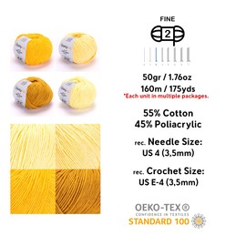 HobbyMia 4 Balls Different Color Cotton Yarn Pack & 10pcs Stitch Markers Soft Yarn for Knitting & Crochet - 4X (50gr / 175yds) - (2) Sport, Fine Weight Baby Yarn for Amigurumi (H06 - Gold/Yellow)