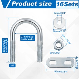 Therwen 16 Sets Round U Bolts Zinc Plated Steel Round Bend U Clamp with Nut Plate Washer (M6 x 27 mm X 53 mm)