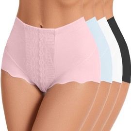 GAI YI Women's High Waisted Briefs Tummy Control Shapewear Underwear Stretch Lace Panties for Women Black+White+Pink+Blue S