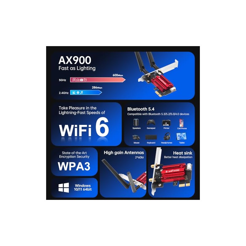 AX900 PCIe WiFi 6 Tarjeta de red de doble banda,