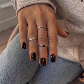 Black Glue on Nails Short Fake Nails,KXAMELIE Glossy Short Square Press on Nails with Solid Color Stick on Nails for Women Girls Daily Wear in 24PCS