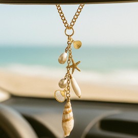 Seashells Car Decor - TWPER Cute Rear View Mirror Hanging Accessories for Women - Boho Beach Pearl Aesthetic Funny Car Interior Gifts for Her
