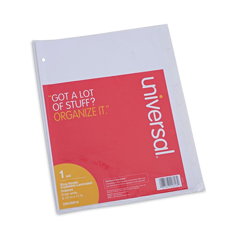 Universal 20818 Write-On/Erasable Indexes, Eight White Tabs, Letter, White