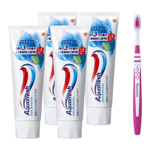 Aqua Fresh Clear Mint Toothpaste, 4.9 oz (140 g), Quasi-Drug: 4 Pieces + Aqua Fresh Toothbrush, *Colors cannot be selected