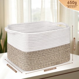 Lychico Cotton Rope Woven Basket with Handles for Shelves,Toys,Book, Cloth Storage Baskets Bin for Organizing, 33x25x22.5cm Toy Decorative Organizer for Living Room, Bathroom - White&Brown