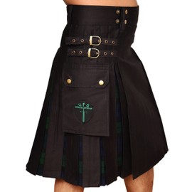 UFS Kilts Men's Utility Kilt for Men Modern Hybrid Cotton & Tartan Kilts for Men 13oz Tartan Kilt (Black & Black Watch Tartan, 38" Waist at Belly Button)
