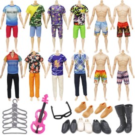 14 PCS Doll Clothes and Accessories for Ken Dolls, 3 Casual Random Tops and Pants 4 Swimsuits 1 Violin 1 Glasses 5 Hangers 3 Shoes, Clothes and Accessories for 11.5 Inch Boy Dolls(Random Style)