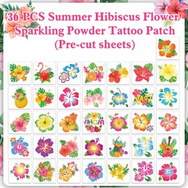 NATOSU Pack of 36 Hibiscus Glitter Tattoos Hawaii Flower Temporary Tattoos for Aloha Party Decoration, Summer Flower Face Tattoos, Hibiscus Flowers Fake Tattoos Stickers for Hawaiian Party