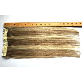 TRESSMATCH One (1) Piece Volumizer Weft Remy Human Hair Clip in Extensions Ashy Brown Blonde Highlights 18”-20" Long 7"Wide